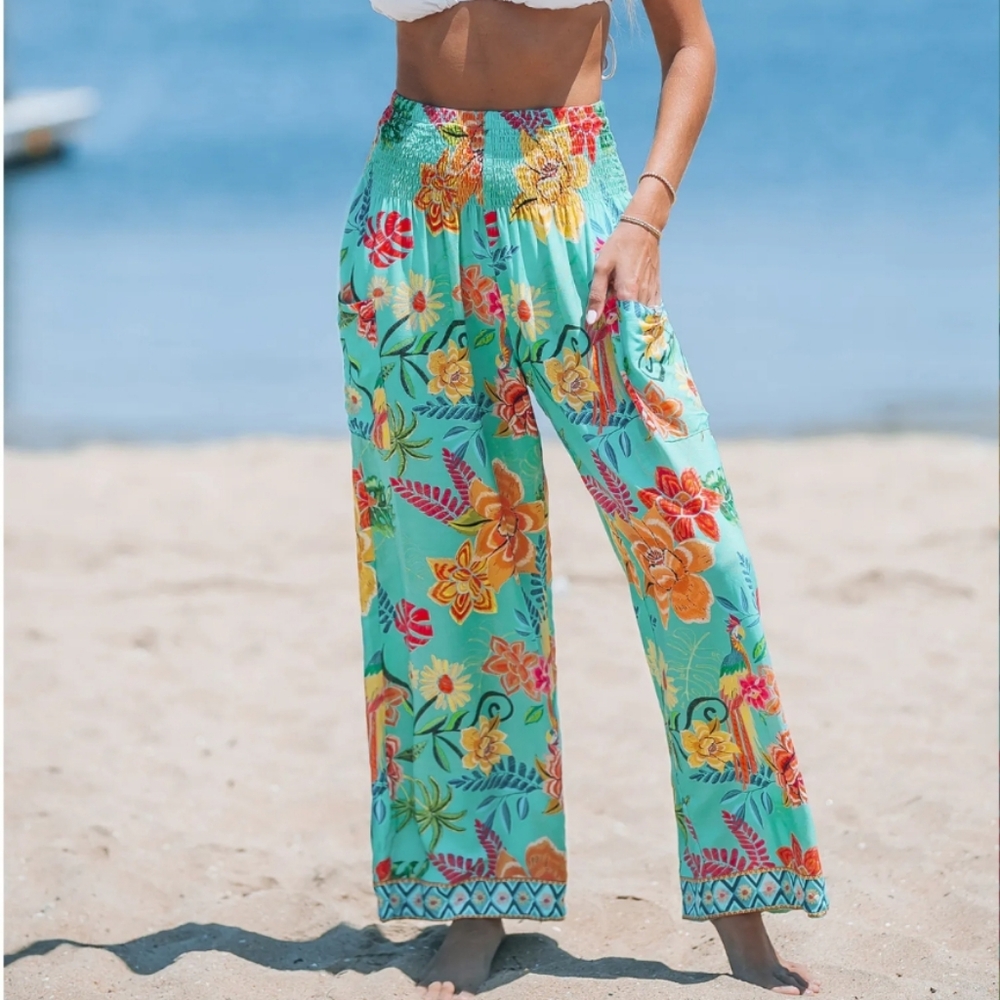 Cupshe Floral Print Smocked High-Rise Pants
